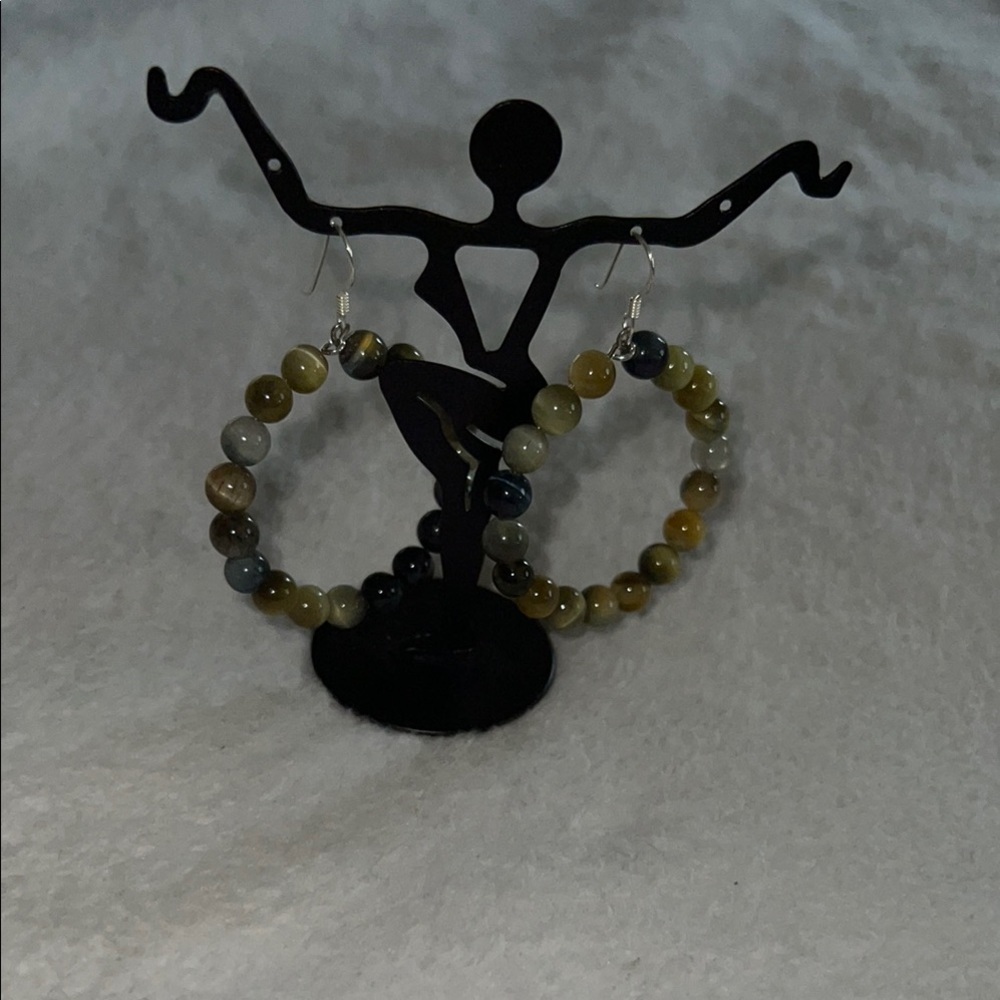Sterling Silver Tiger’s Eye Hoop Earrings – Natural Gemstone Beads